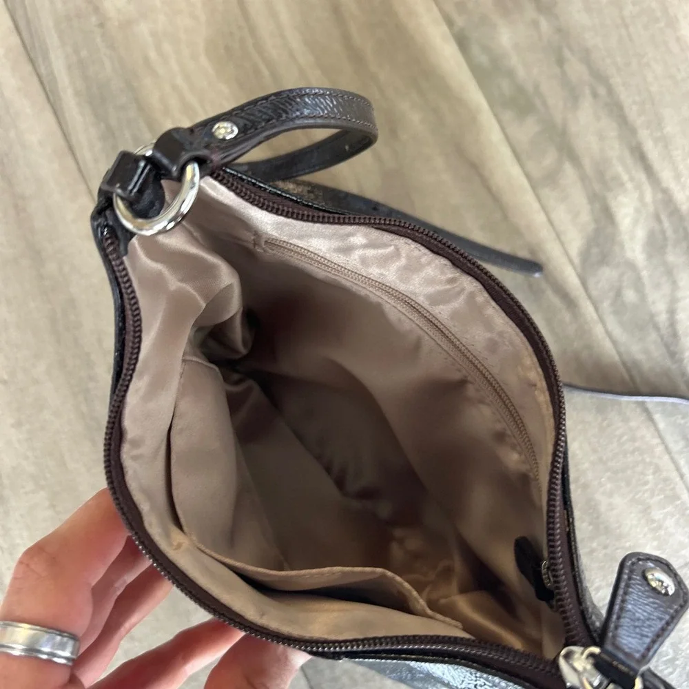 Coach Mahogany Brown Patent Leather Crossbody Bag Crinkle Texture Silver Logo